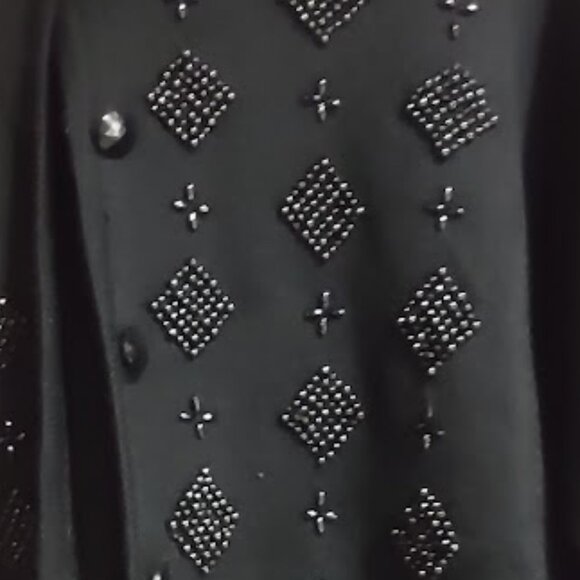 RUSS PETITES VINTAGE BLACK BEADED CARDIGAN, 8 BUTTON FRONT, ELEGANT, SIZE MED - Picture 3 of 10